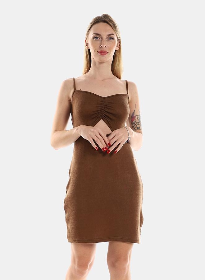 Kady Spaghetti Sleeves Knitted Pattern Casual Short Dress With Decorative Front Keyhole women brown 2XL- Regular - Image 1