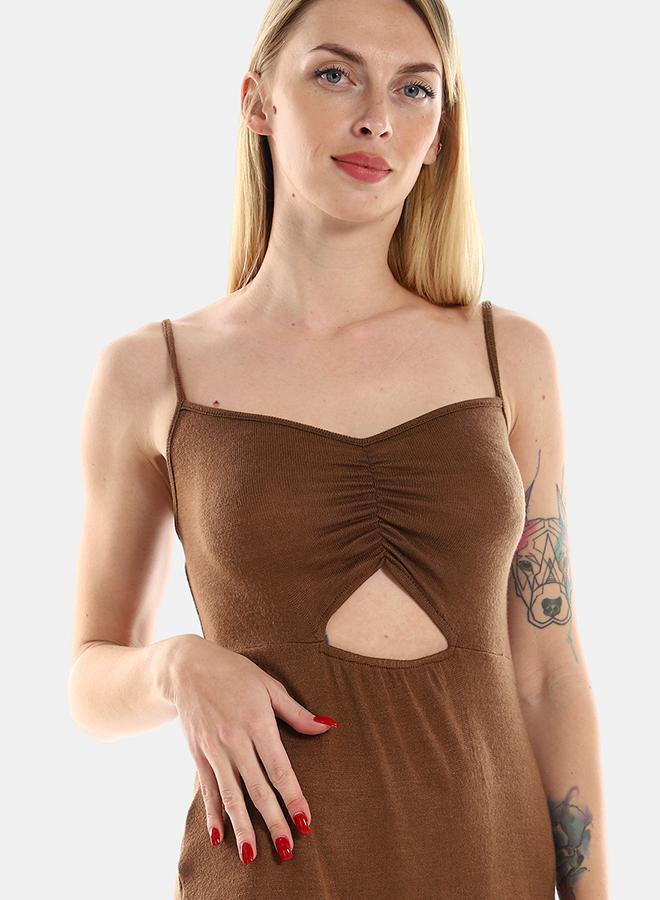 Kady Spaghetti Sleeves Knitted Pattern Casual Short Dress With Decorative Front Keyhole women brown 2XL- Regular - Image 4