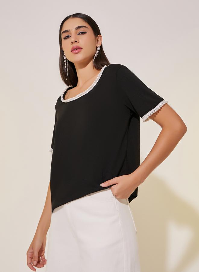 Take Two Faux Pearl Embellished Square Neck T-Shirt - Image 1