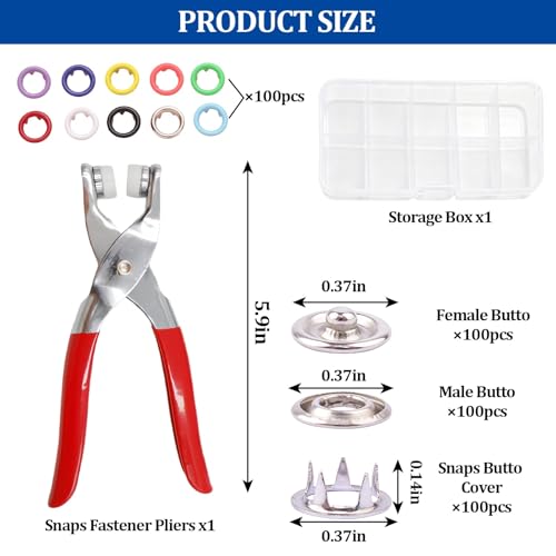 Bolsdoic 100 Sets Snap Button Kit with 10 Colors,Metal Snaps Buttons with Metal Pliers and Fastener Parts,Multicolor Press Tool Kit Perfect for DIY Clothing and Crafts(9.5mm) - Image 2