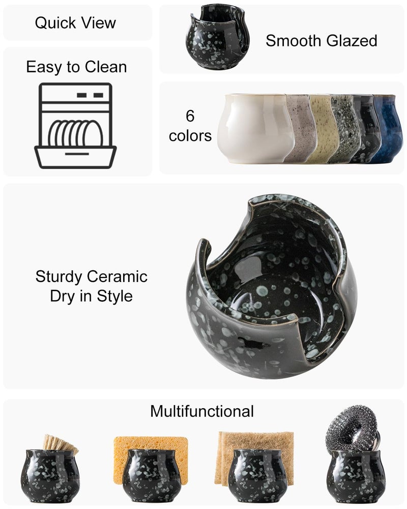 Zoeeker Kitchen Sponge Holder, Ceramic Dish Sponge Holder Kithen Sink Organizer Farmhouse Brush Holder Dish Rack for Bathroom, Kitchen, Sink, Black - Image 2