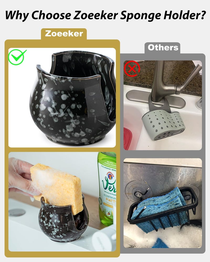 Zoeeker Kitchen Sponge Holder, Ceramic Dish Sponge Holder Kithen Sink Organizer Farmhouse Brush Holder Dish Rack for Bathroom, Kitchen, Sink, Black - Image 3