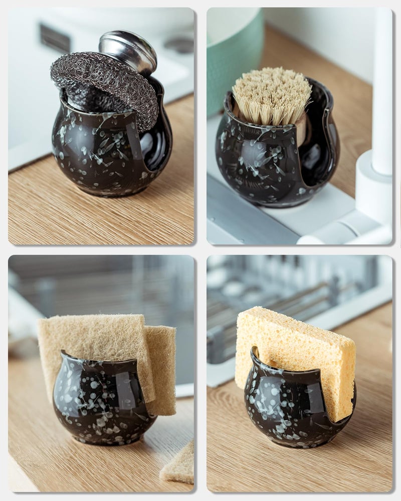 Zoeeker Kitchen Sponge Holder, Ceramic Dish Sponge Holder Kithen Sink Organizer Farmhouse Brush Holder Dish Rack for Bathroom, Kitchen, Sink, Black - Image 5