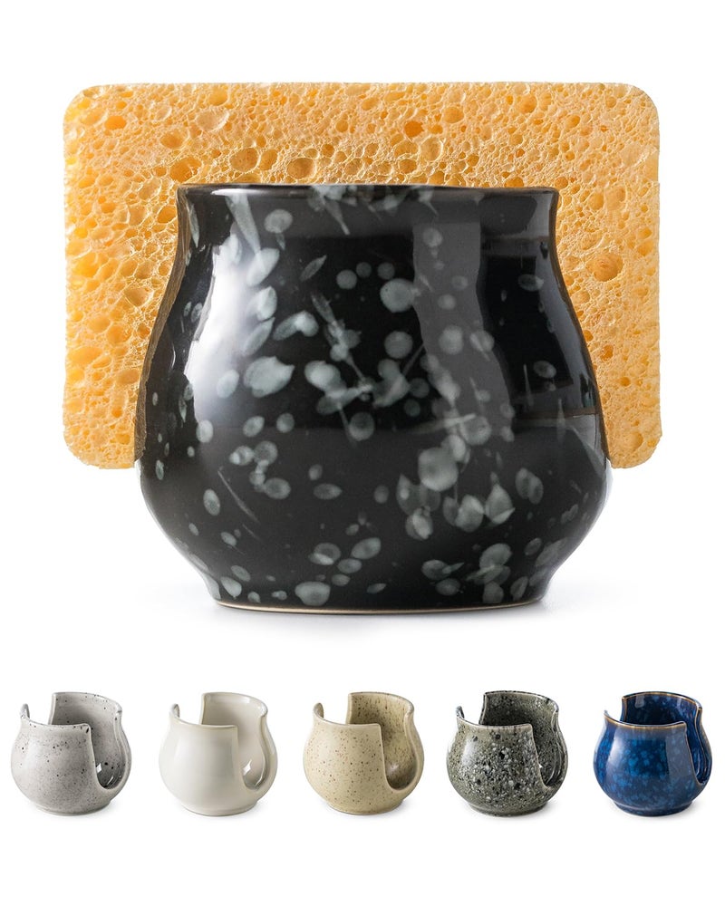 Zoeeker Kitchen Sponge Holder, Ceramic Dish Sponge Holder Kithen Sink Organizer Farmhouse Brush Holder Dish Rack for Bathroom, Kitchen, Sink, Black - Image 1
