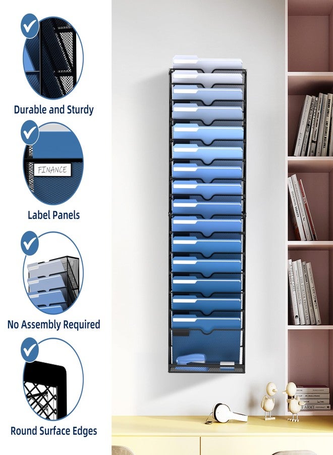 DALTACK Wall File Holder 16 Tier Hanging Wall File Organizer, for Papers Mails Folders Clipboard Magazine Organization for Office Home, Mesh Metal, Assembly Needed, Black - Image 2