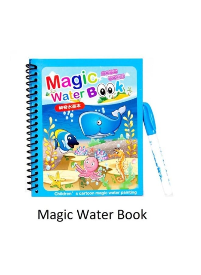 Magic Water Drawing Book for Kids - Reusable Ocean Theme Coloring Book with Refillable Water Pen, Mess-Free Educational Painting Toy for Toddlers and Children
