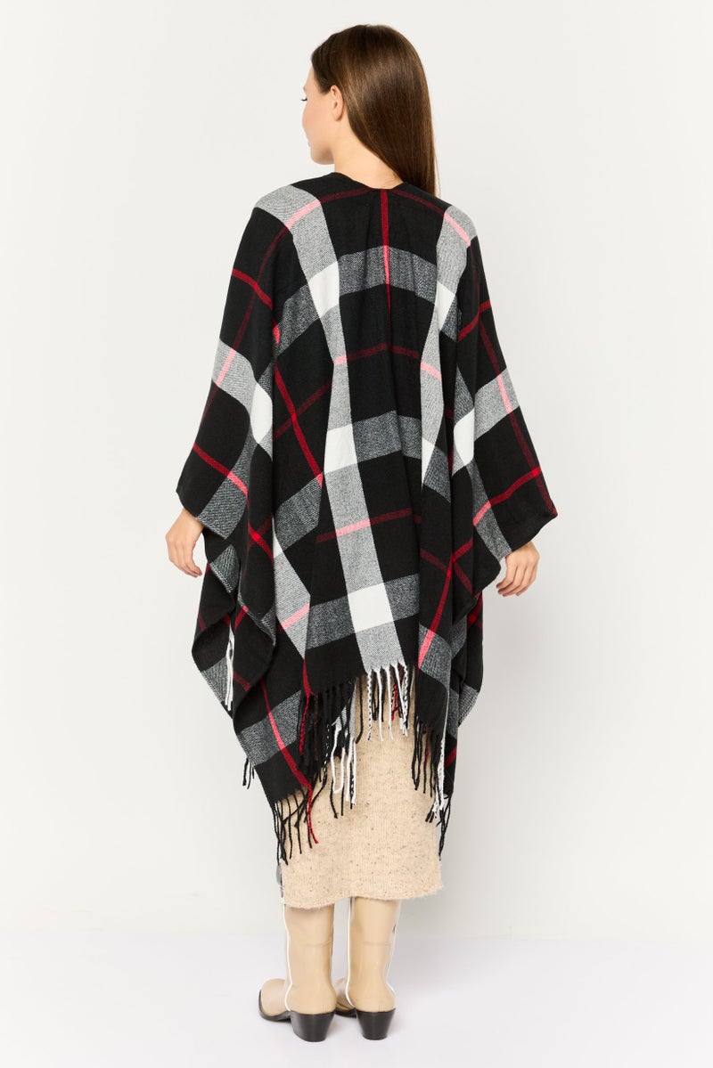 ADRIENNE VITTADINI Women Checkered Ruana Poncho, Black Combo  - Image 4