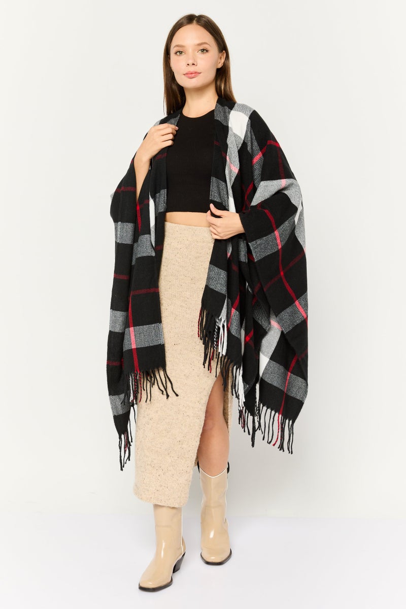 ADRIENNE VITTADINI Women Checkered Ruana Poncho, Black Combo  - Image 1