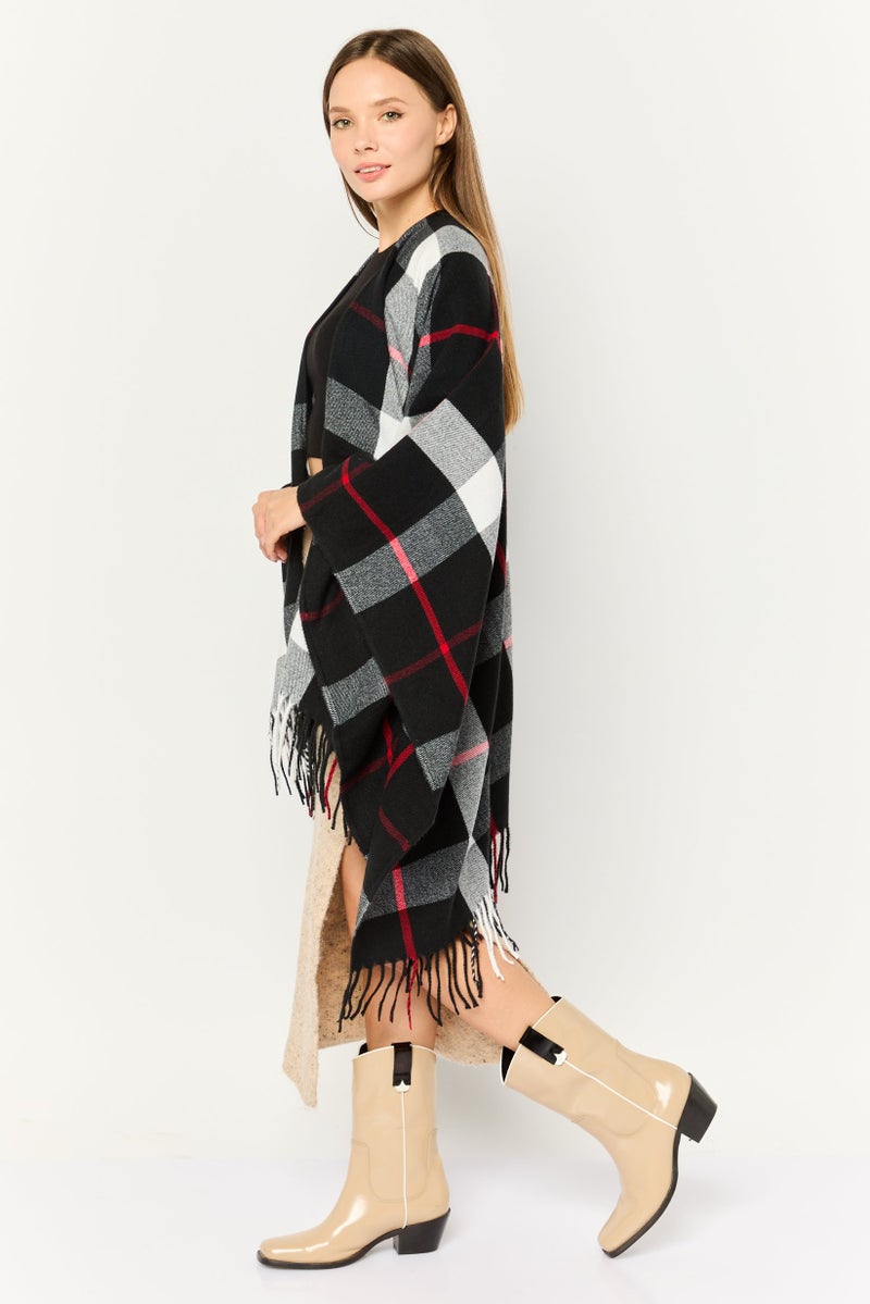 ADRIENNE VITTADINI Women Checkered Ruana Poncho, Black Combo  - Image 3