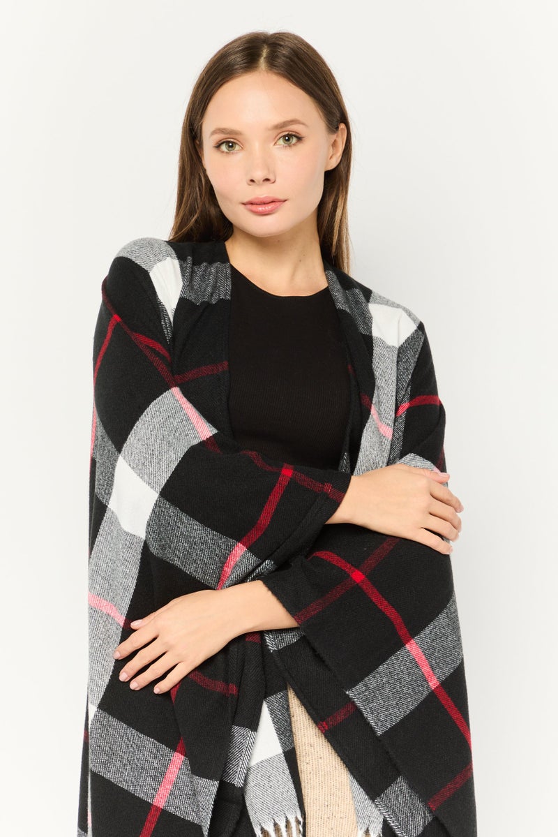 ADRIENNE VITTADINI Women Checkered Ruana Poncho, Black Combo  - Image 2