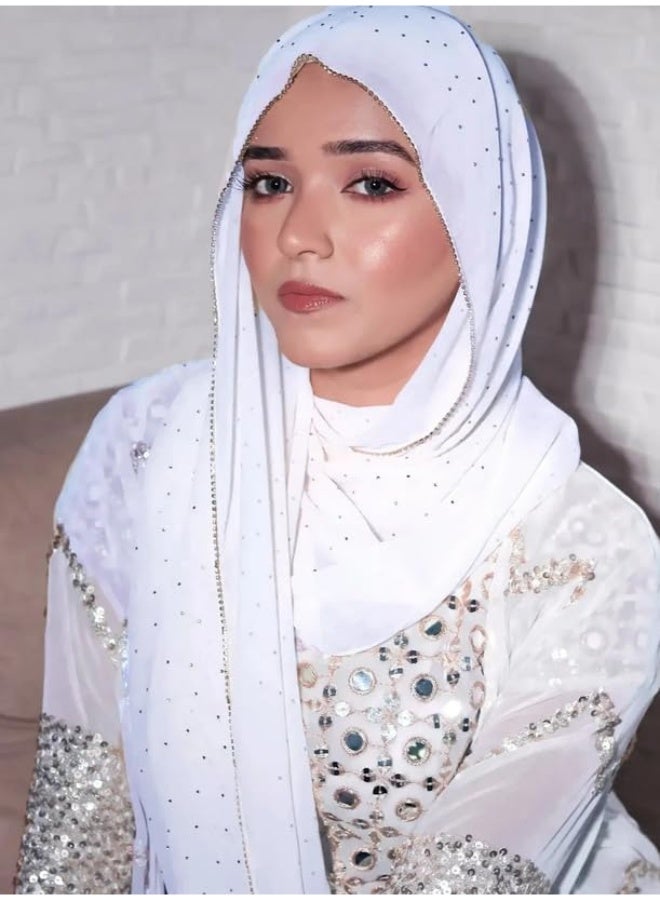 2Pcs White Rhinestone Pearl Chiffon Hijab Scarf 180x70cm, Sparkling Gold Beaded Edge Muslim Women Head Wrap for Worship Wedding Daily Outfit - Image 4