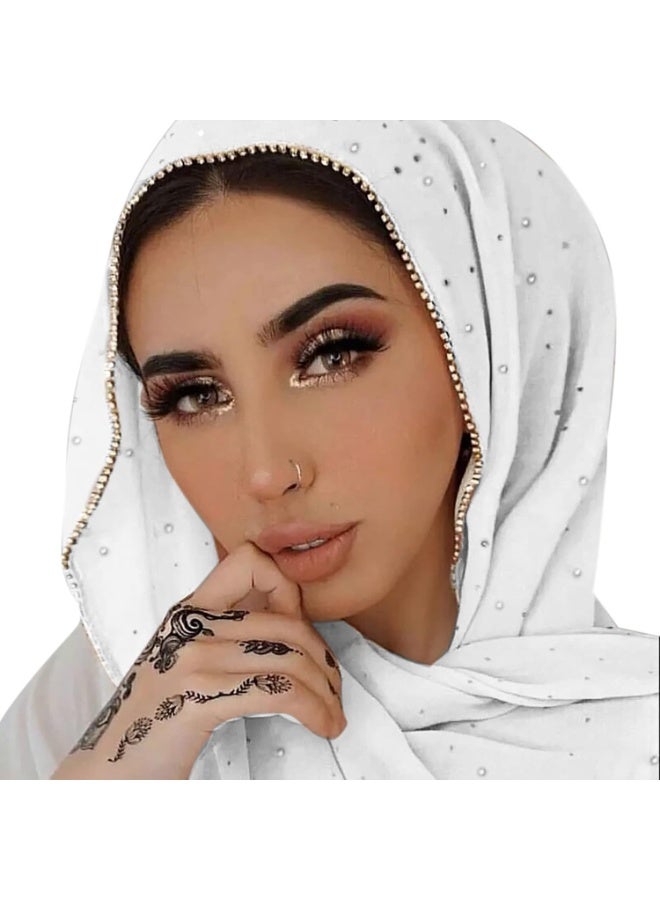 2Pcs White Rhinestone Pearl Chiffon Hijab Scarf 180x70cm, Sparkling Gold Beaded Edge Muslim Women Head Wrap for Worship Wedding Daily Outfit - Image 1