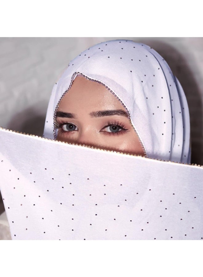 2Pcs White Rhinestone Pearl Chiffon Hijab Scarf 180x70cm, Sparkling Gold Beaded Edge Muslim Women Head Wrap for Worship Wedding Daily Outfit - Image 2