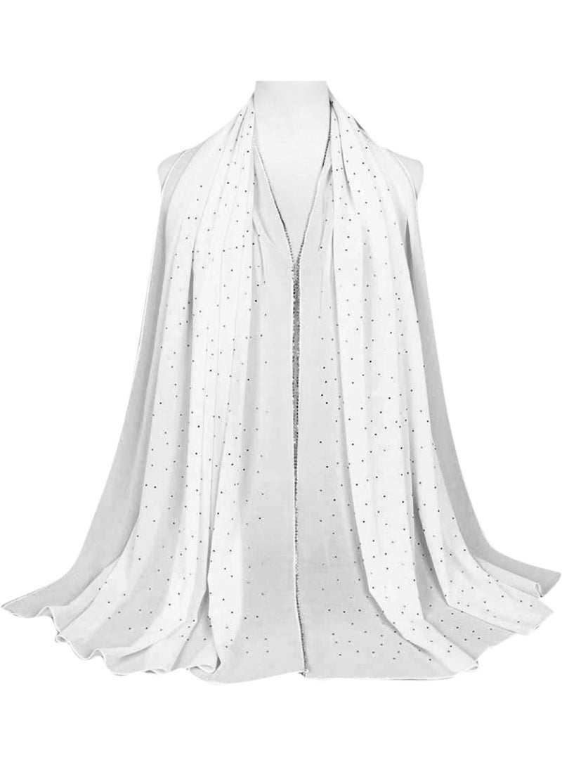 2Pcs White Rhinestone Pearl Chiffon Hijab Scarf 180x70cm, Sparkling Gold Beaded Edge Muslim Women Head Wrap for Worship Wedding Daily Outfit - Image 5