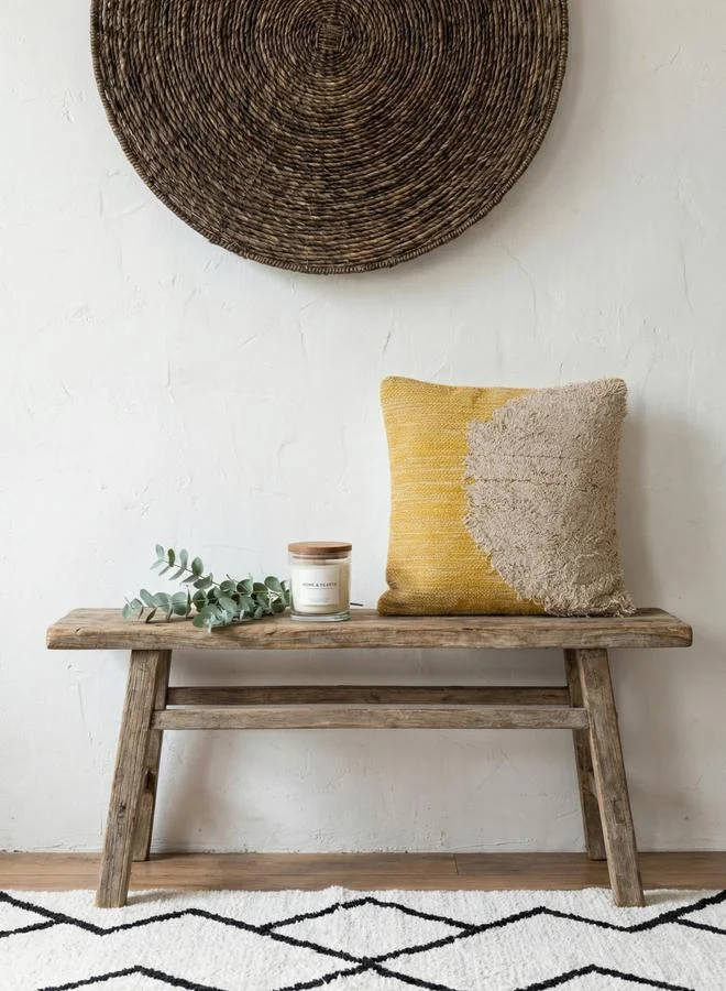 Sanskrutihomes Mustard and Ivory Cotton Textured Square Cushion Cover, Large