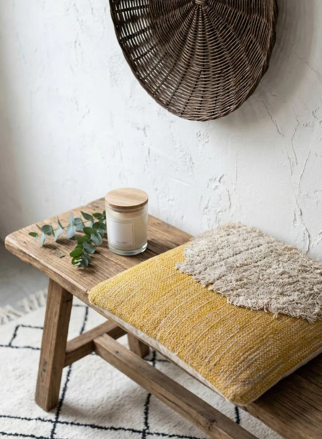 Sanskrutihomes Mustard and Ivory Cotton Textured Square Cushion Cover, Large