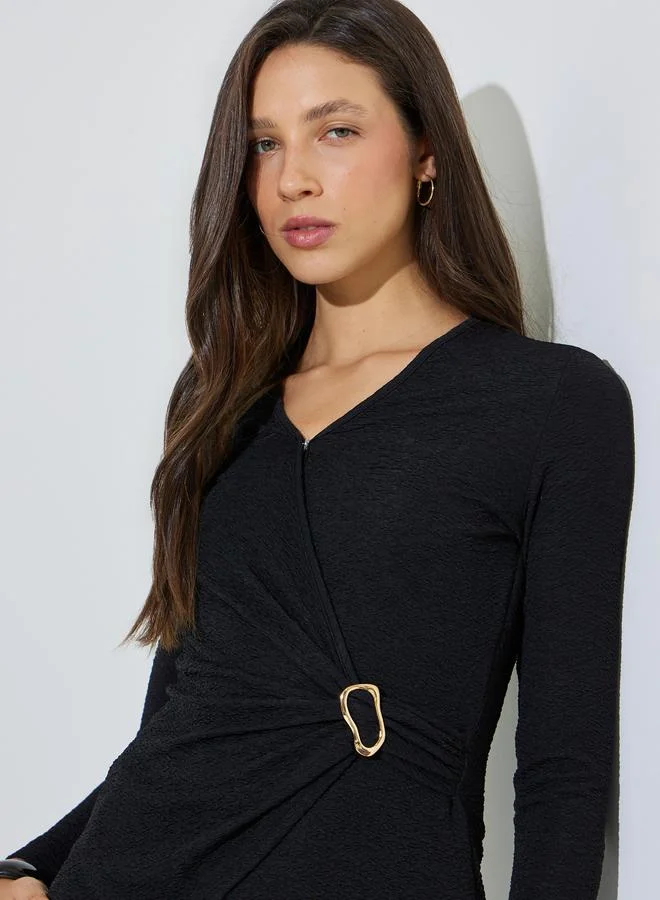Styli Black Wrap Front Textured Knit Top