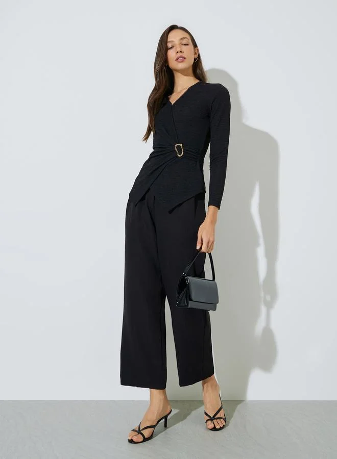 Styli Black Wrap Front Textured Knit Top