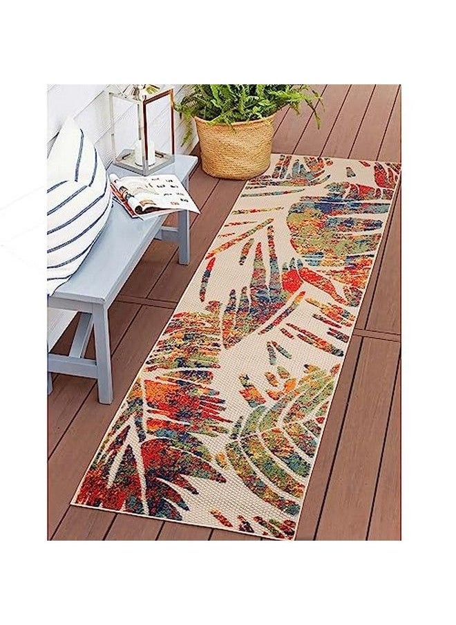 Superior Indoor Outdoor Runner Or Area Rug Floor Cover Perfect Decor For Patio Bedroom Kitchen Living Room Entry Playroom Nursery Tropical Leaves Siesta Collection 2' 3" X 8' Cream  - Image 1