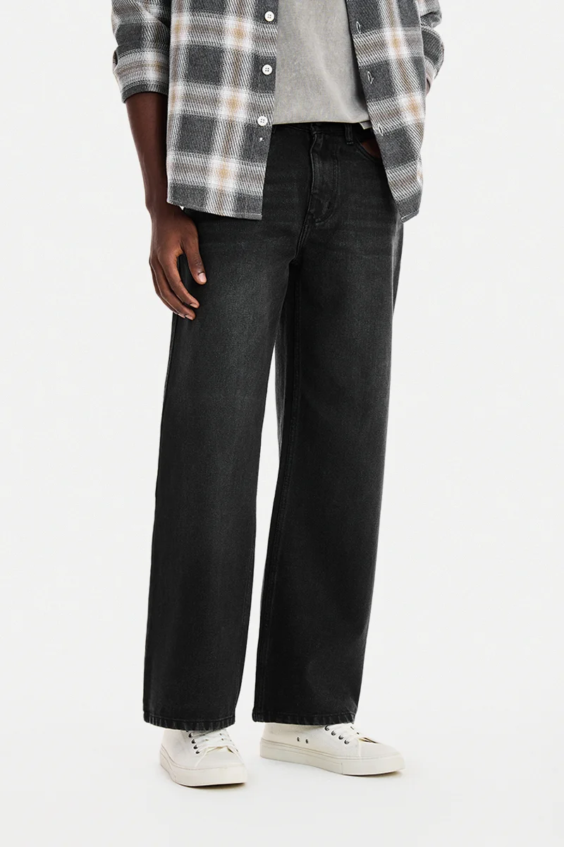 SNITCH Black Solid Wide Leg Streetwear Jeans