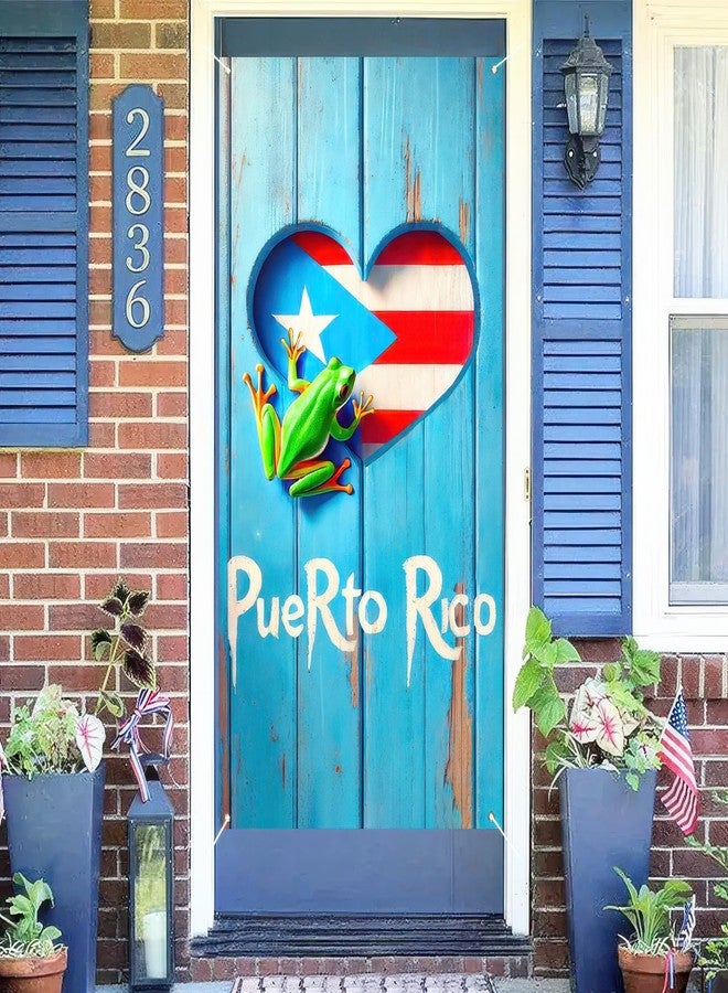 BlissYard Puerto Rico Flags Frog Door Cover Banner 71x35 Inch Puerto Rican Flag Frog Heart Door Cover Backdrop Porch Front Door Cover Background for Outdoor Decor Supplies Home Party Holiday - Image 2