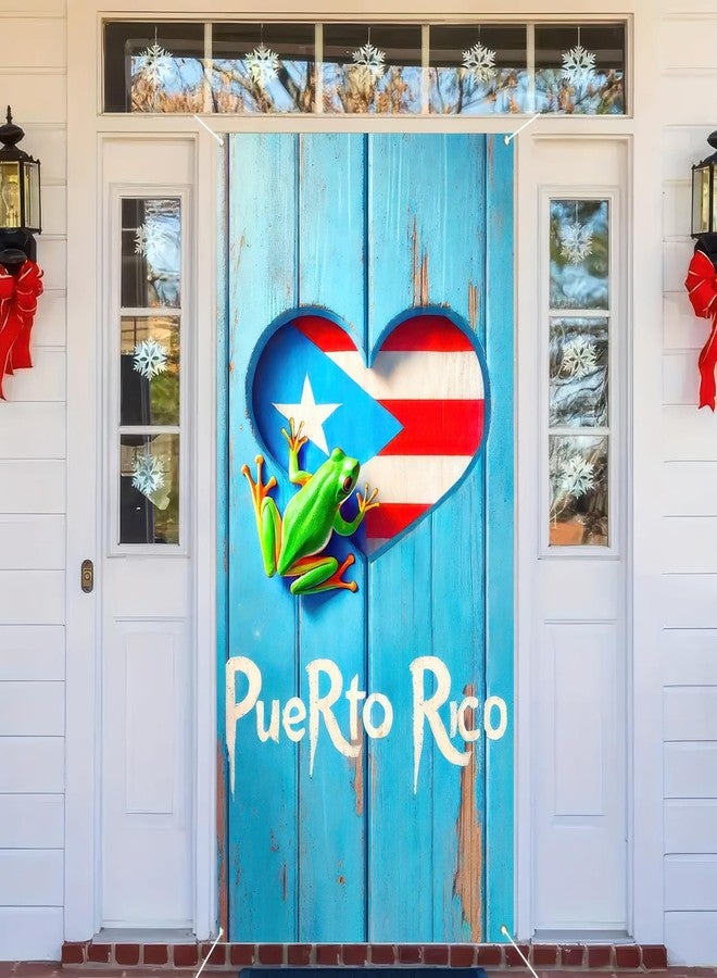 BlissYard Puerto Rico Flags Frog Door Cover Banner 71x35 Inch Puerto Rican Flag Frog Heart Door Cover Backdrop Porch Front Door Cover Background for Outdoor Decor Supplies Home Party Holiday - Image 1