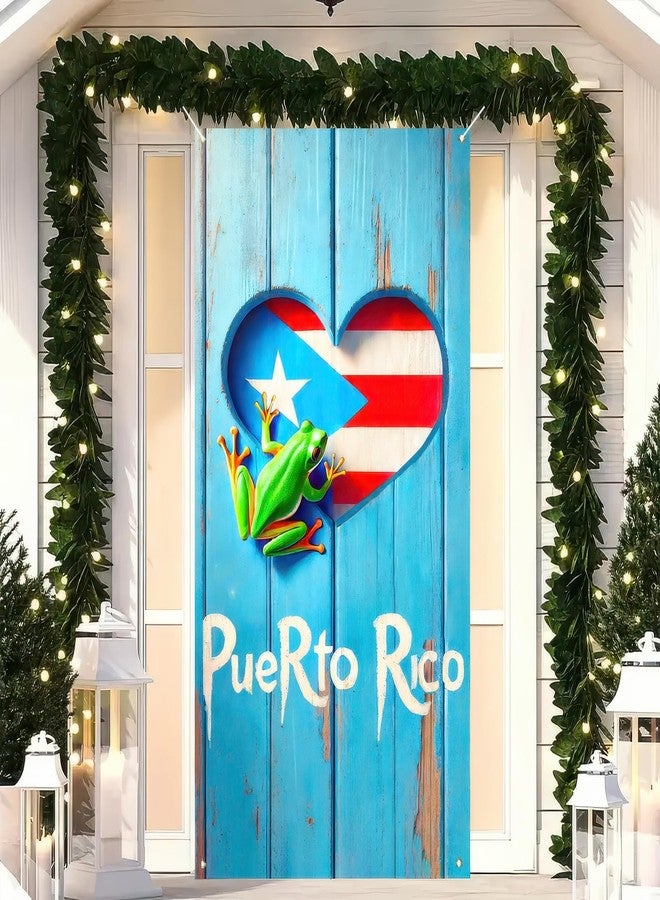 BlissYard Puerto Rico Flags Frog Door Cover Banner 71x35 Inch Puerto Rican Flag Frog Heart Door Cover Backdrop Porch Front Door Cover Background for Outdoor Decor Supplies Home Party Holiday - Image 3