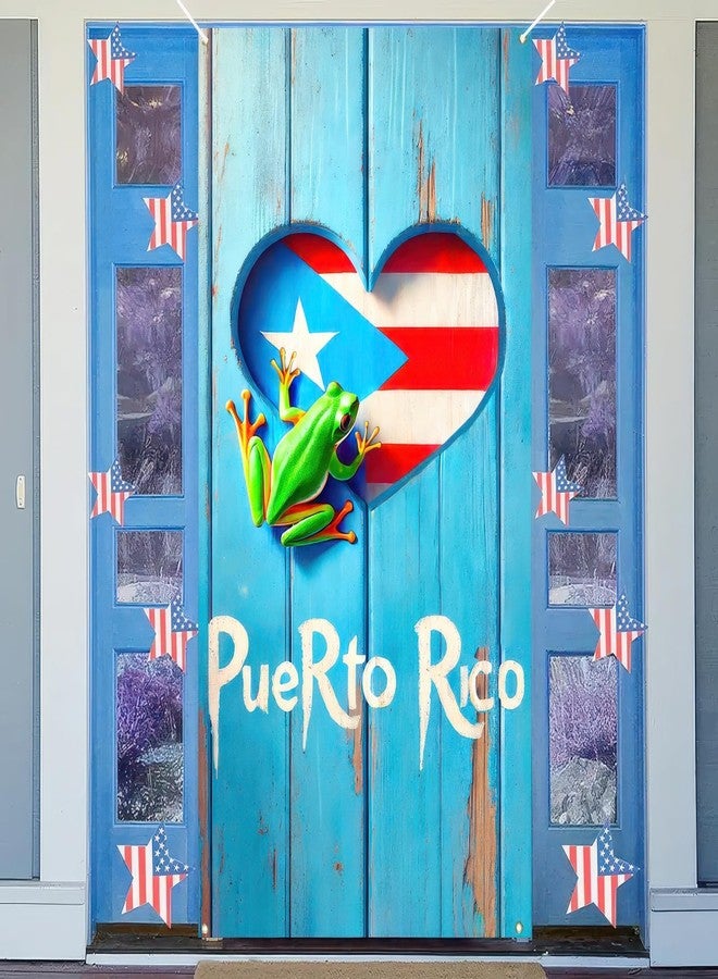 BlissYard Puerto Rico Flags Frog Door Cover Banner 71x35 Inch Puerto Rican Flag Frog Heart Door Cover Backdrop Porch Front Door Cover Background for Outdoor Decor Supplies Home Party Holiday - Image 5