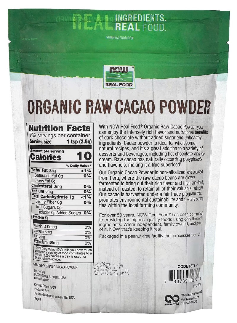 ناو Real Food، مسحوق الكاكاو الخام العضوي، ‏12 أونصة 340 جم - Image 2