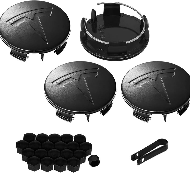 Knomix 4 Pack Exterior Decoration Wheel Center Cover for Tesla Model 3 Model Y,56mm Hubcaps Wheel Rim Cover Tesla Center Caps Hubcaps+20 Black Lug Nut Covers (Matte Black+Matte Black Emblem) - Image 1