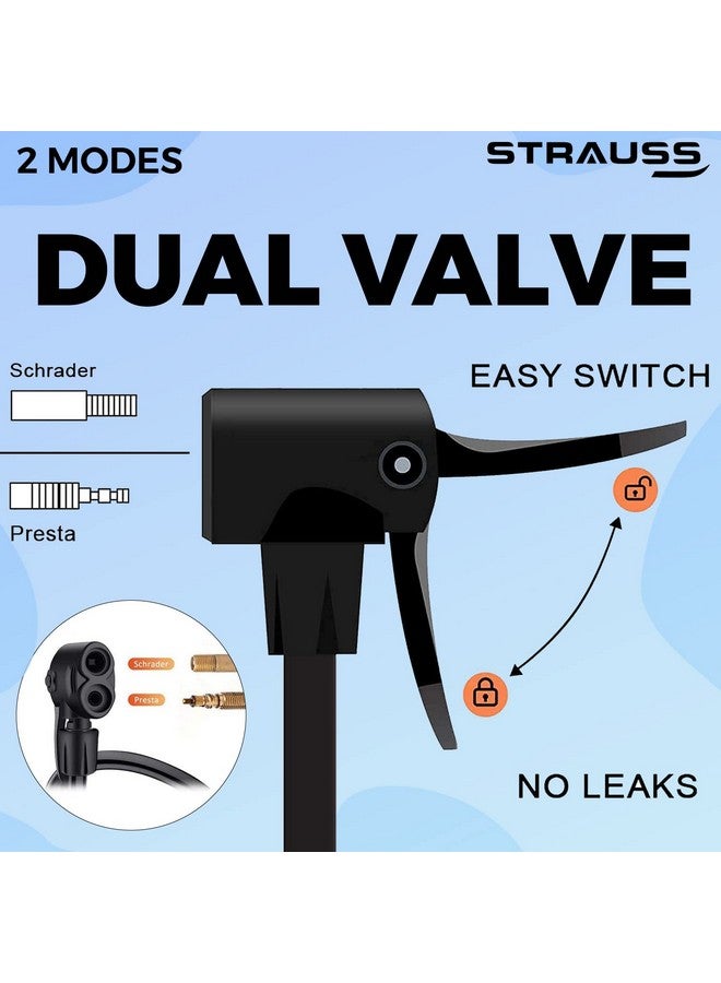 Strauss Bicycle Air Pump with Needle & Dual Valve | 30 CM Long | Portable Pump with 2 Modes, Ideal for Inflating Bicycle, Swimming Rings | Sturdy Base & Ergonomic Handle, (Black) - Image 5