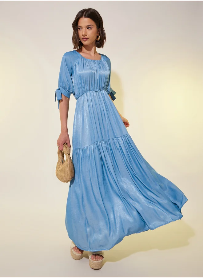 Styli Solid Puff Sleeves A-Line Midi Dress