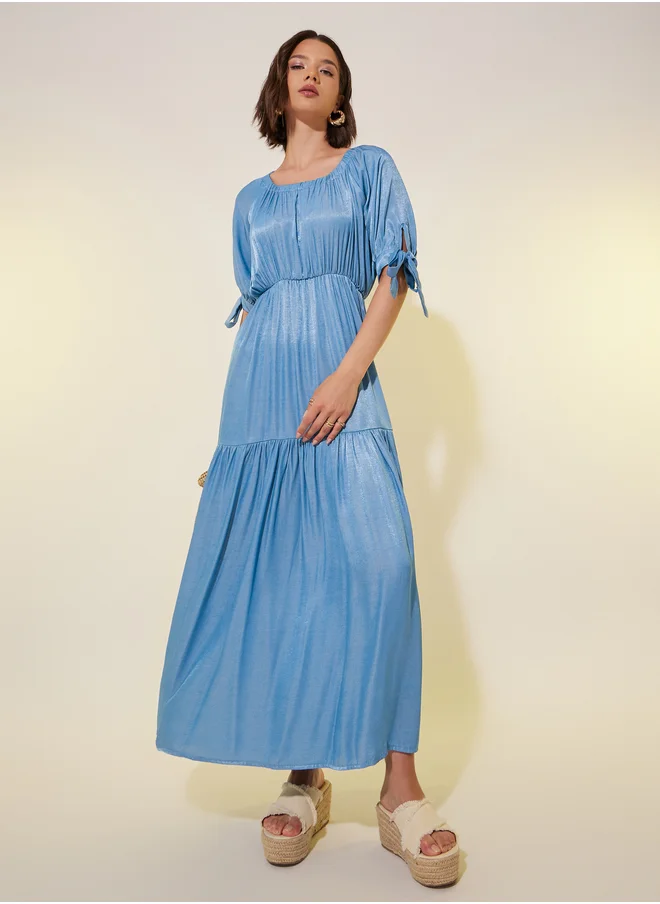 Styli Solid Puff Sleeves A-Line Midi Dress