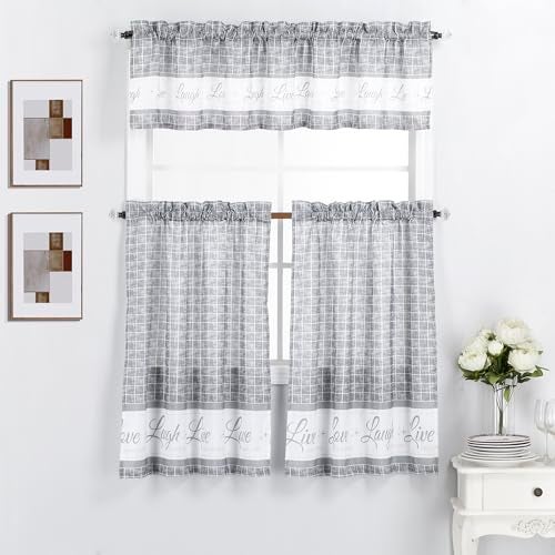 Interior Trends Live Love Laugh 3 Piece Printed Kitchen Window Curtain Valance and Tier Panels Set Gray 36 Tiers Set