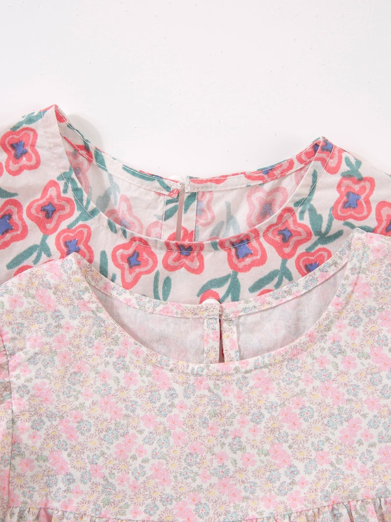 Amla Girls' French Country Floral Print Bubble Sleeve A-Line Dress