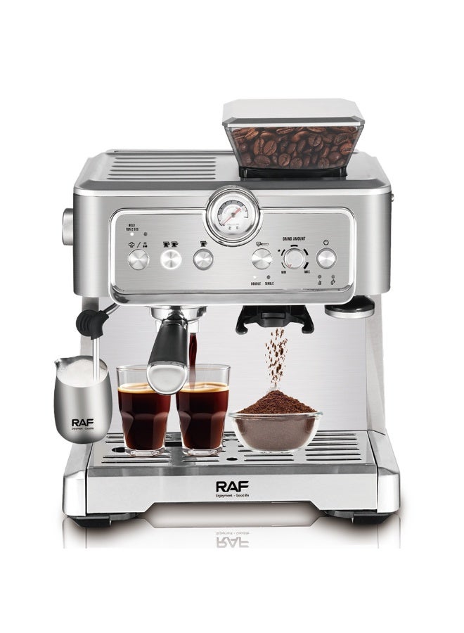 آر إيه أف ماكينة صنع قهوة RAF - ماكينة إسبريسو بقوة 1350 واط، سعة كبيرة 2.3 لتر، دورة تخمير مزدوجة، مطحنة مدمجة، خافق حليب، سهلة التنظيف، ماكينة قهوة احترافية للباريستا للاستخدام المنزلي والمكتبي - Image 1