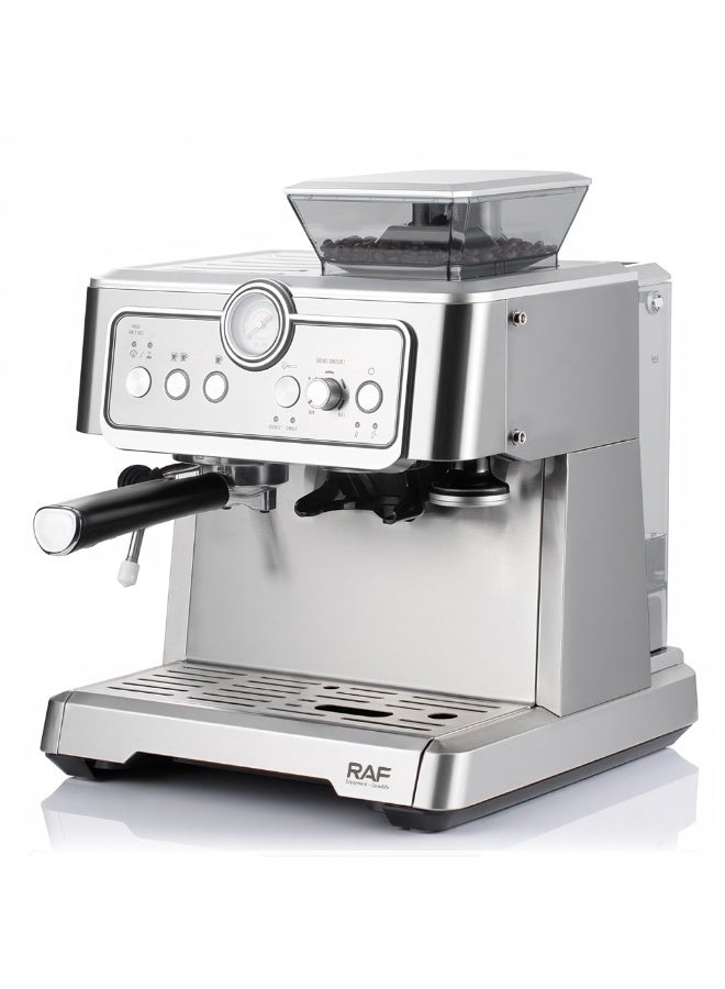 آر إيه أف ماكينة صنع قهوة RAF - ماكينة إسبريسو بقوة 1350 واط، سعة كبيرة 2.3 لتر، دورة تخمير مزدوجة، مطحنة مدمجة، خافق حليب، سهلة التنظيف، ماكينة قهوة احترافية للباريستا للاستخدام المنزلي والمكتبي - Image 2
