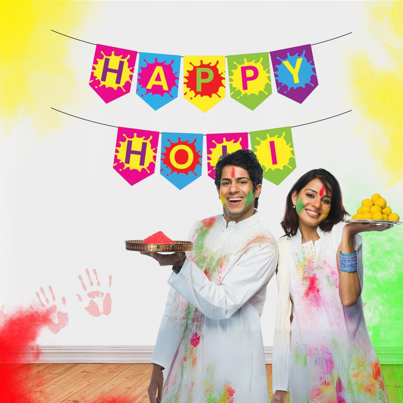 1iAM Happy Holi Decoration Items | 1pc 13.6X10.3cm "HAPPY HOLI" 300gsm Printed Paper Banner for Celebration of 14th March in Home, Office, Club, School, Collage, Restaurant, Apartment Decoration - Image 3
