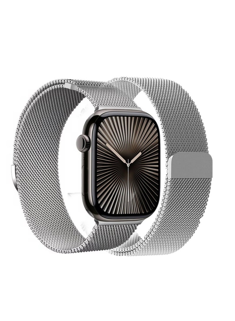 Stainless Steel Milanese Loop Compatible with Apple Watch Band 46mm 42mm 44mm 45mm 49mm men and women, Mesh Loop Magnetic Clasp Replacement for iWatch Bands 10 ,Silver  - Image 1