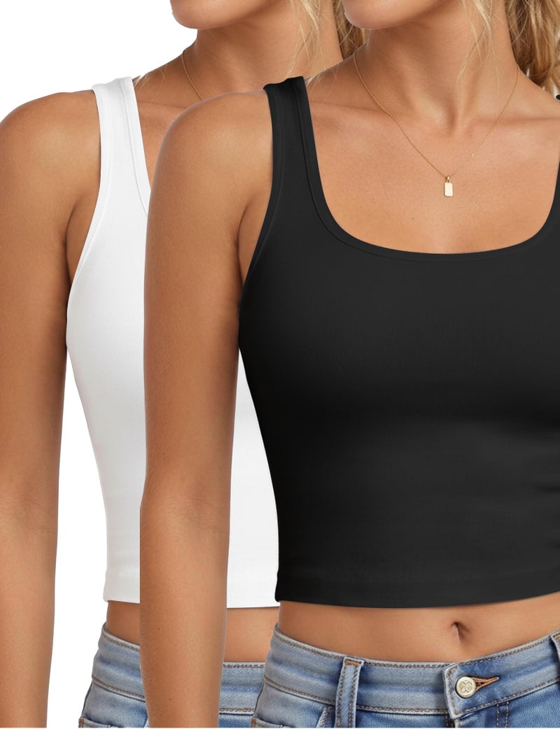 AURUZA 2Piece Crop Tops for Women, U Neck Sleeveless Tank Tops, Basic Cropped Racerback Going Out Tops Athletic Sports Shirts, M, Black+White - Image 1