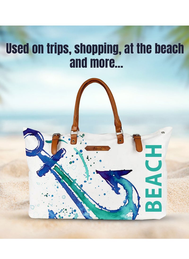 Anemoss - Women's Beach Bag, Waterproof Sandproof Hand Bags, Lighweight Fashionable Shoulder Bag, Large Capacity, Anchor Design Bag for Picnic Shopping, Gifts for Women and Girls - Image 1