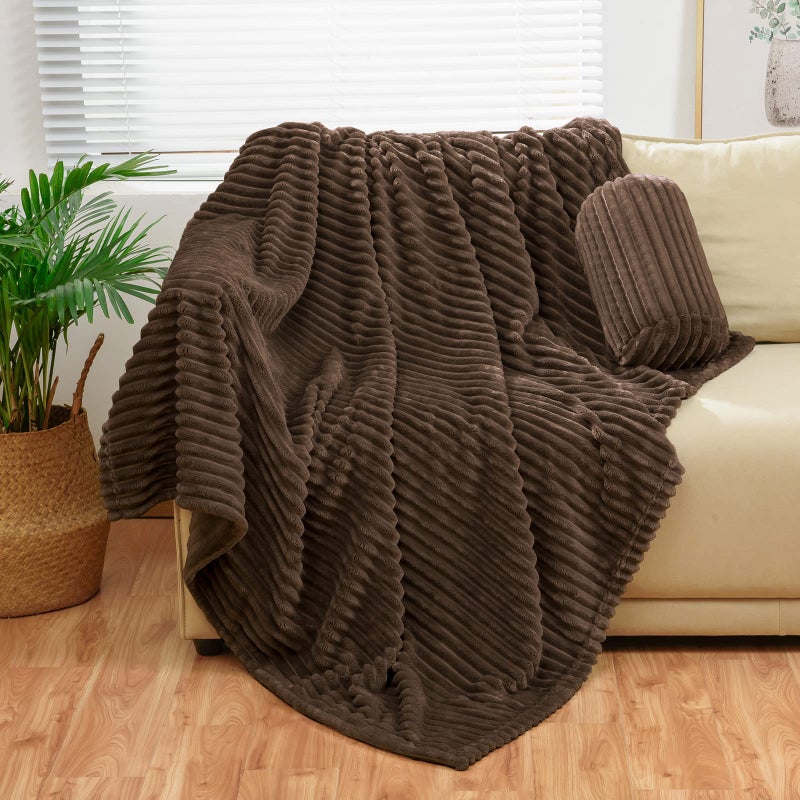 Bnuitland Brown Flannel Throw with Storage Pouch300GSM Super Soft Fleece Stripe Pattern Sofa Blanket for Adults and Kids Lightweight Cozy Bed Throw for Home Decor All Season