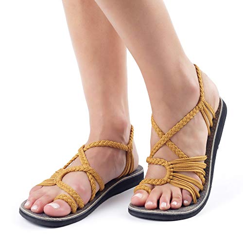 Plaka Palm Leaf Flat Summer Sandals for Women | Perfect for the Beach Walking & Dressy Occasions | Sand Yellow | Size 9 - Image 2