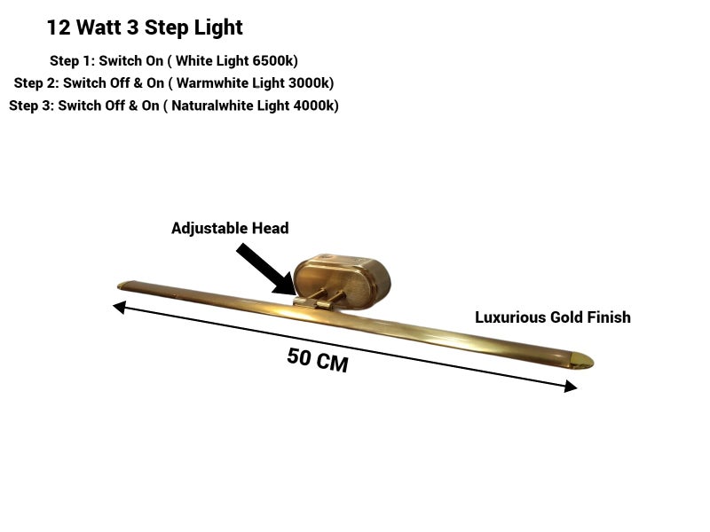 FILLISKA® 12 Watt Luxurious Gold Modern LED Picture/Dressing/Vanity/Bathroom/Mirror Light with 3 Step Light Mode & Adjustable Head (White, Warm White and Neutral White) (2 Year Warranty) - Image 4