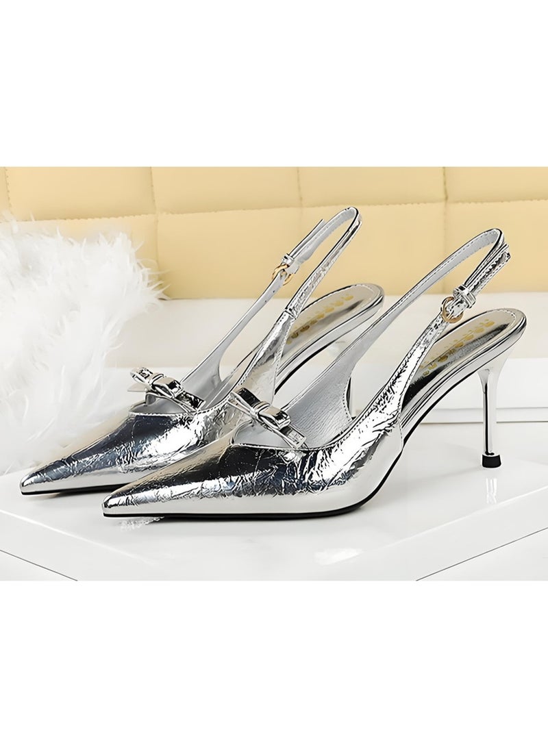بيج تري المرأة قوس مغلق موجهة إصبع القدم مضخات سلينغباك ستيليتو كعب عالي الصنادل الفضة 8CM - Image 1