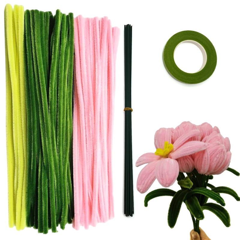 Swpohrat 210 Pieces Craft Pipe Cleaners Flower SetChenille Stem Pipecleaner Kit for Craft Tulip Lily Bouquet MakingDIY Craft Projects and Holiday DecorationsPink Green