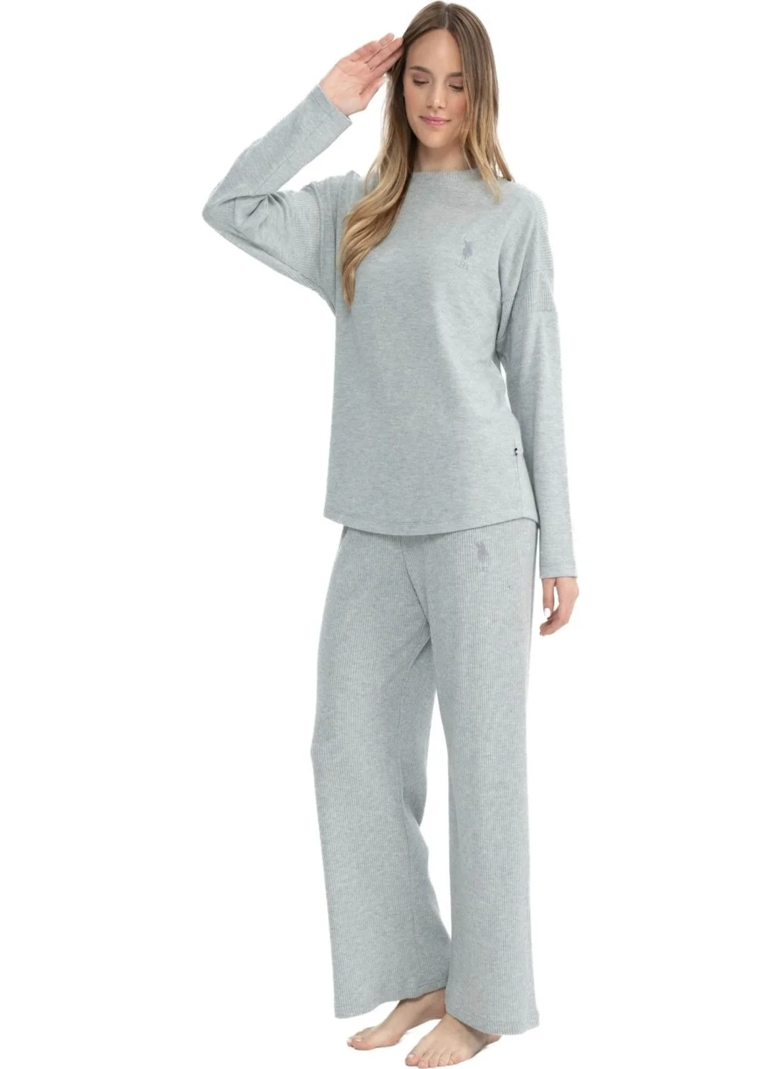 U.S. Polo Assn. 17085 Women's Gray Melange Long Sleeve Round Neck Pajama Set