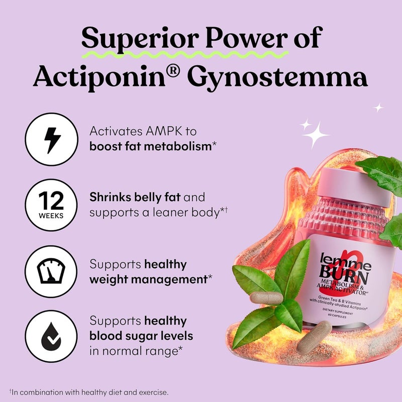 Lemme ليم مي بيرن مكمل حرق دهون البطن وتنشيط الأيض للرجال والنساء مع مستخلص نبات أكتيفونين جينوسيتما ومكونات الشاي الأخضر والفيتامينات B6 و B12 خالي من الجلوتين 60 حبة - Image 4