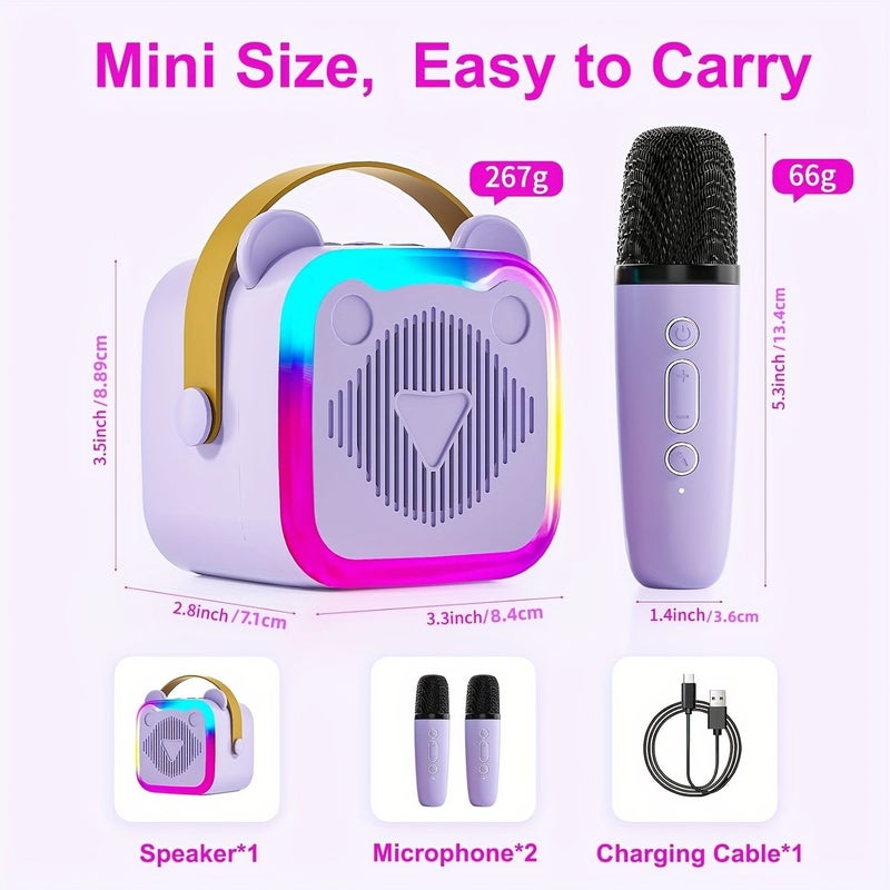 Purple K10 Mini Cat Ear Karaoke Machine With 2 Wireless Mics LED Disco Lights - Image 2