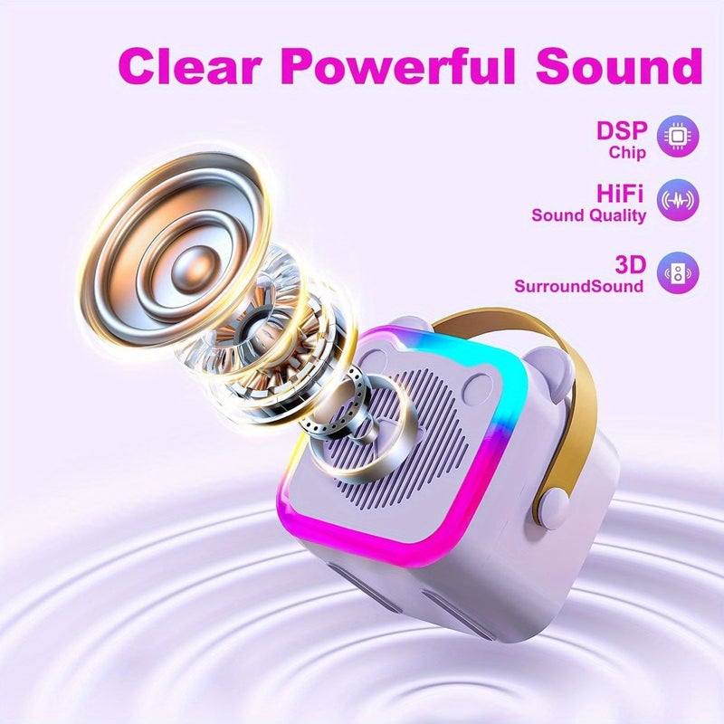 Purple K10 Mini Cat Ear Karaoke Machine With 2 Wireless Mics LED Disco Lights - Image 3